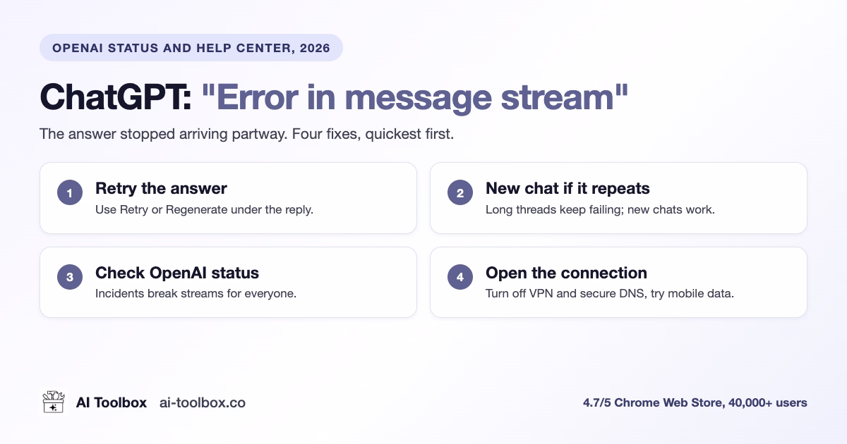 ChatGPT Error in Message Stream: Causes and Fixes (2026)