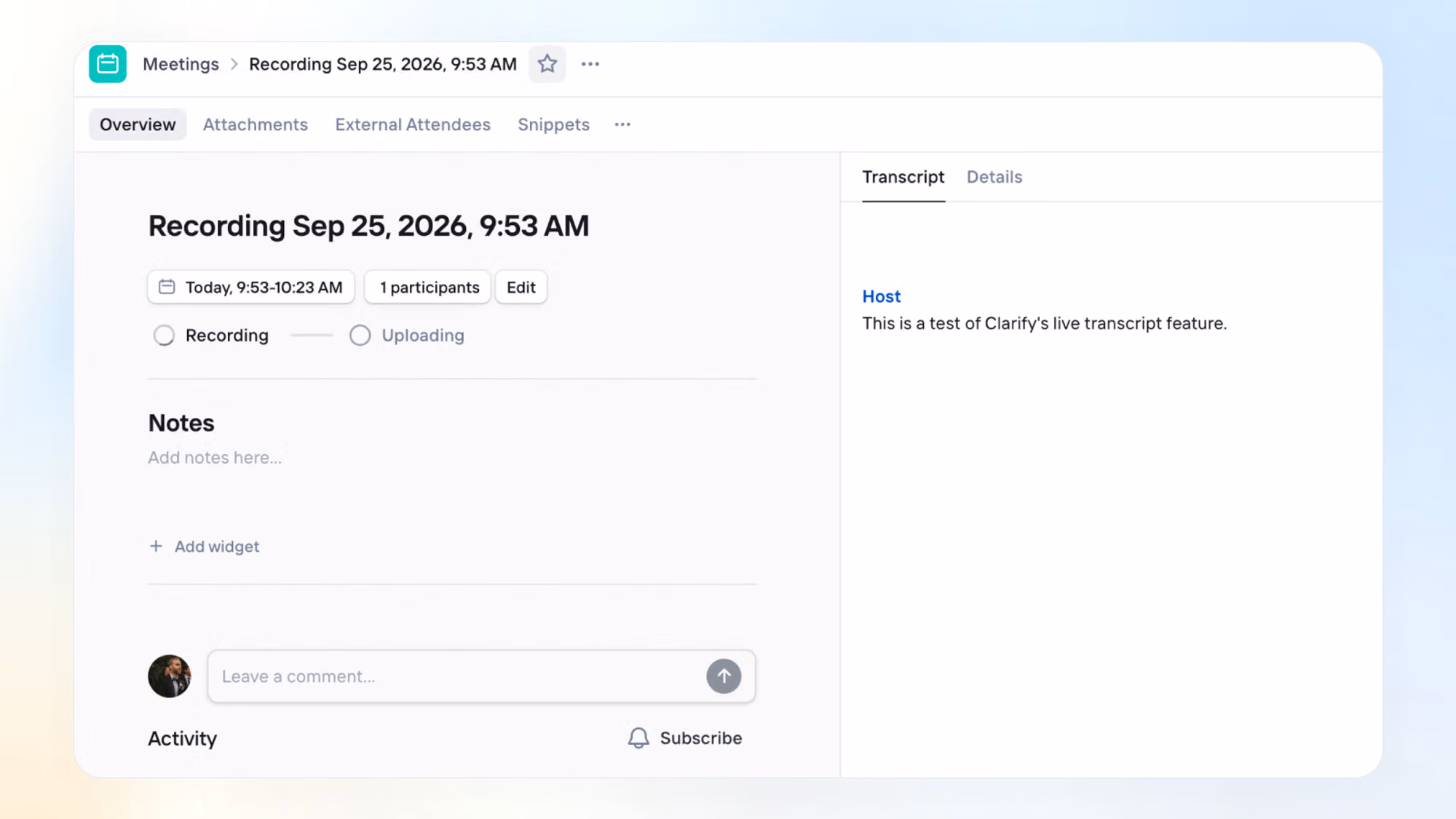 Live meeting transcripts, delegated sending, and shared skills