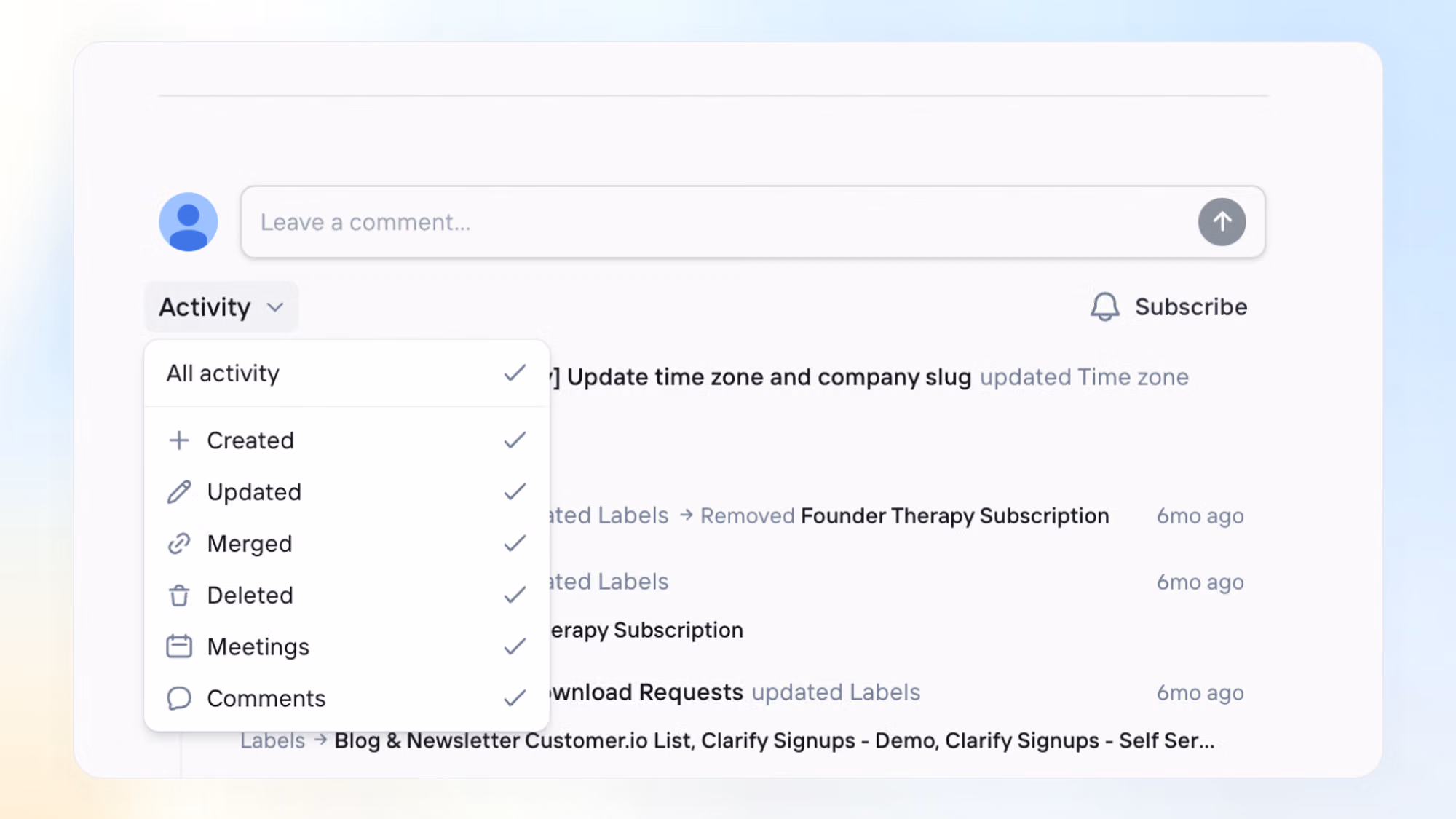 Activity feed filters, campaign test emails, and skill sharing