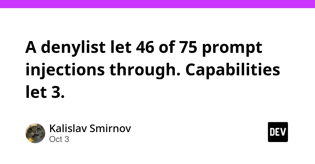 A denylist let 46 of 75 prompt injections through. Capabilities let 3.