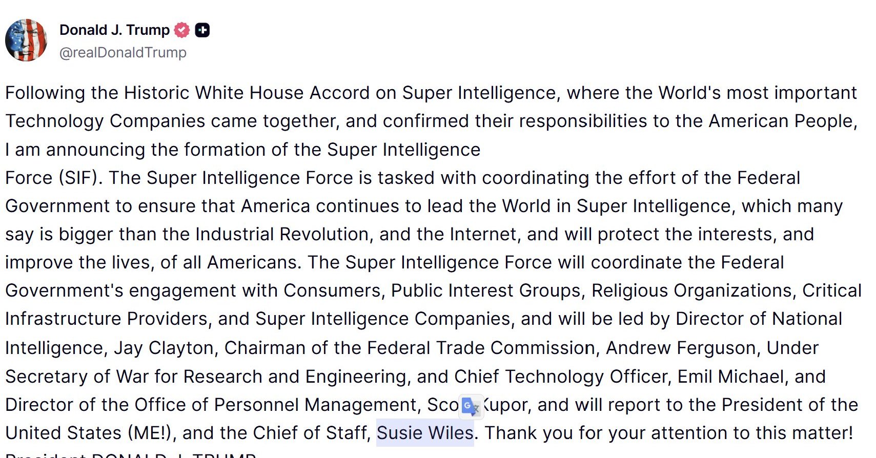 トランプ大統領、「Super Intelligence Force」創設を発表 国家情報長官やFTC委員長らが主導