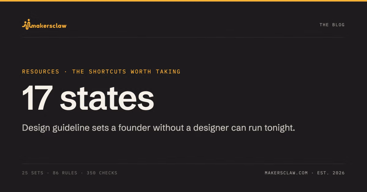 25 design guideline sets a founder without a designer can run. Nielsen's 86 rules, 17 interface states, 350 front-end checks.