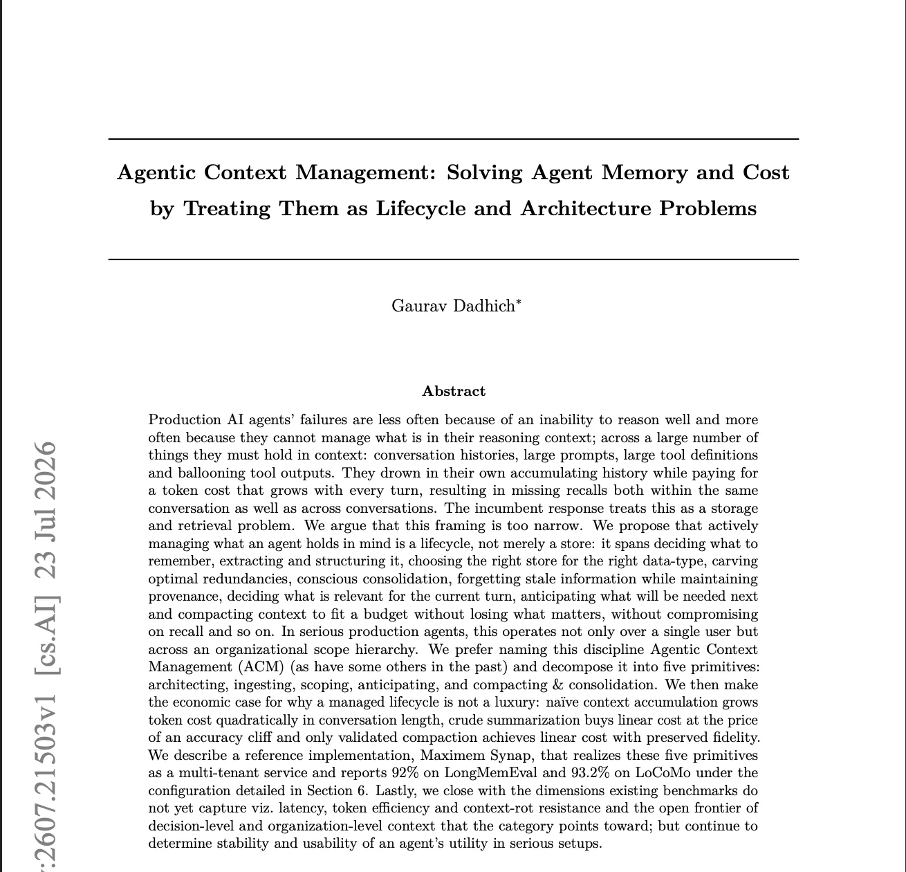 Agentic Context Management: Agent Memory Is Not Merely a Storage & Retrieval Problem, It Is an Architecture Problem
