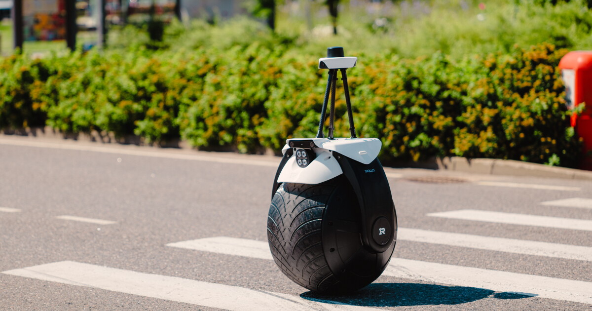 AI security robot rolls up on one wheel looking quite unserious