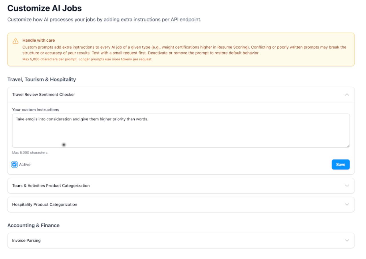 Your AI API, your rules: Introducing Custom AI Job instructions