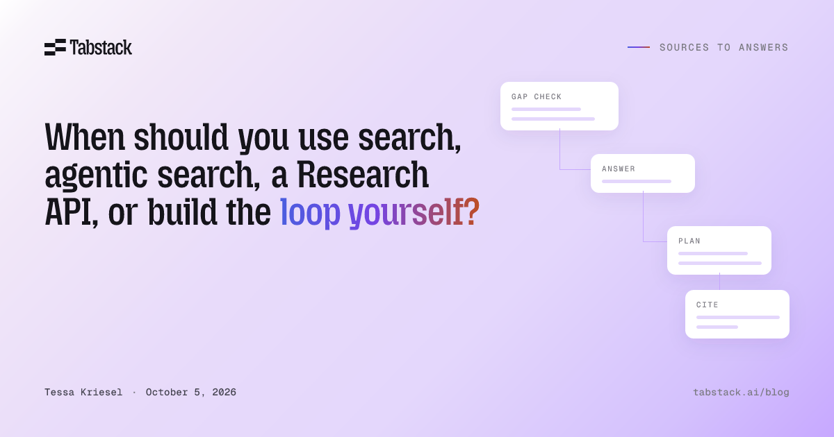 When should you use search, agentic search, a Research API, or build the loop yourself?