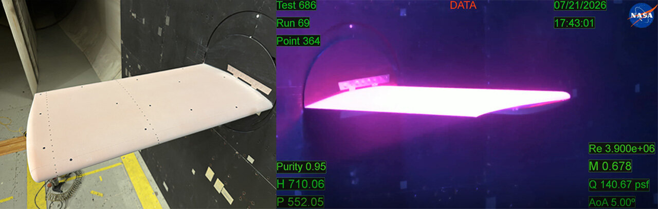 NASA model wing lights up during first pressure sensitive paint tests