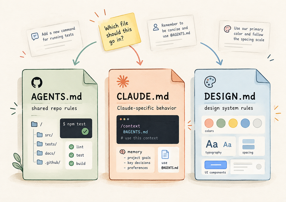 AGENTS.md vs CLAUDE.md vs DESIGN.md: What Goes in Which File
