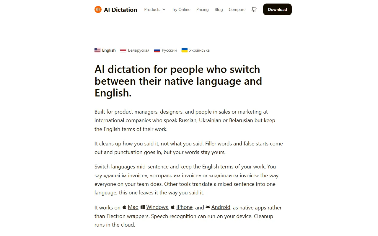 AI Dictation website screenshot