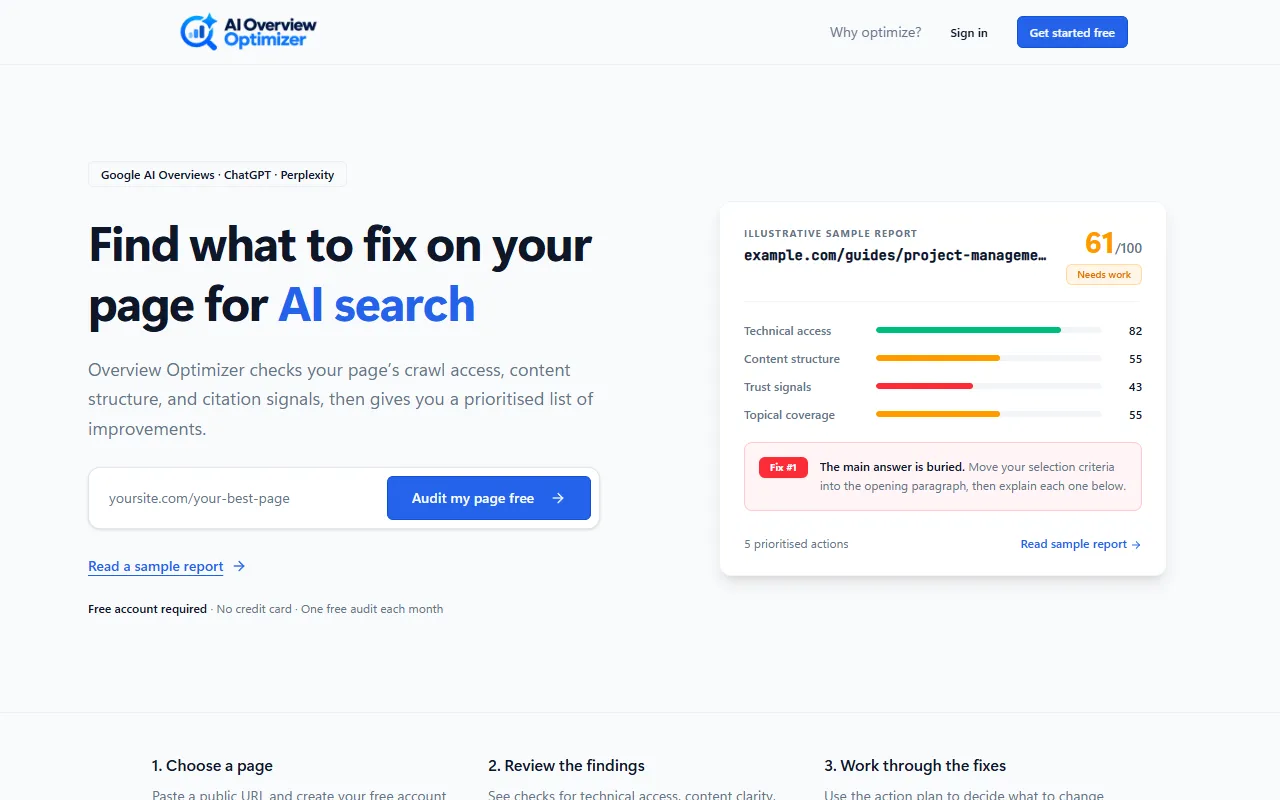 AI Overview Optimizer website screenshot