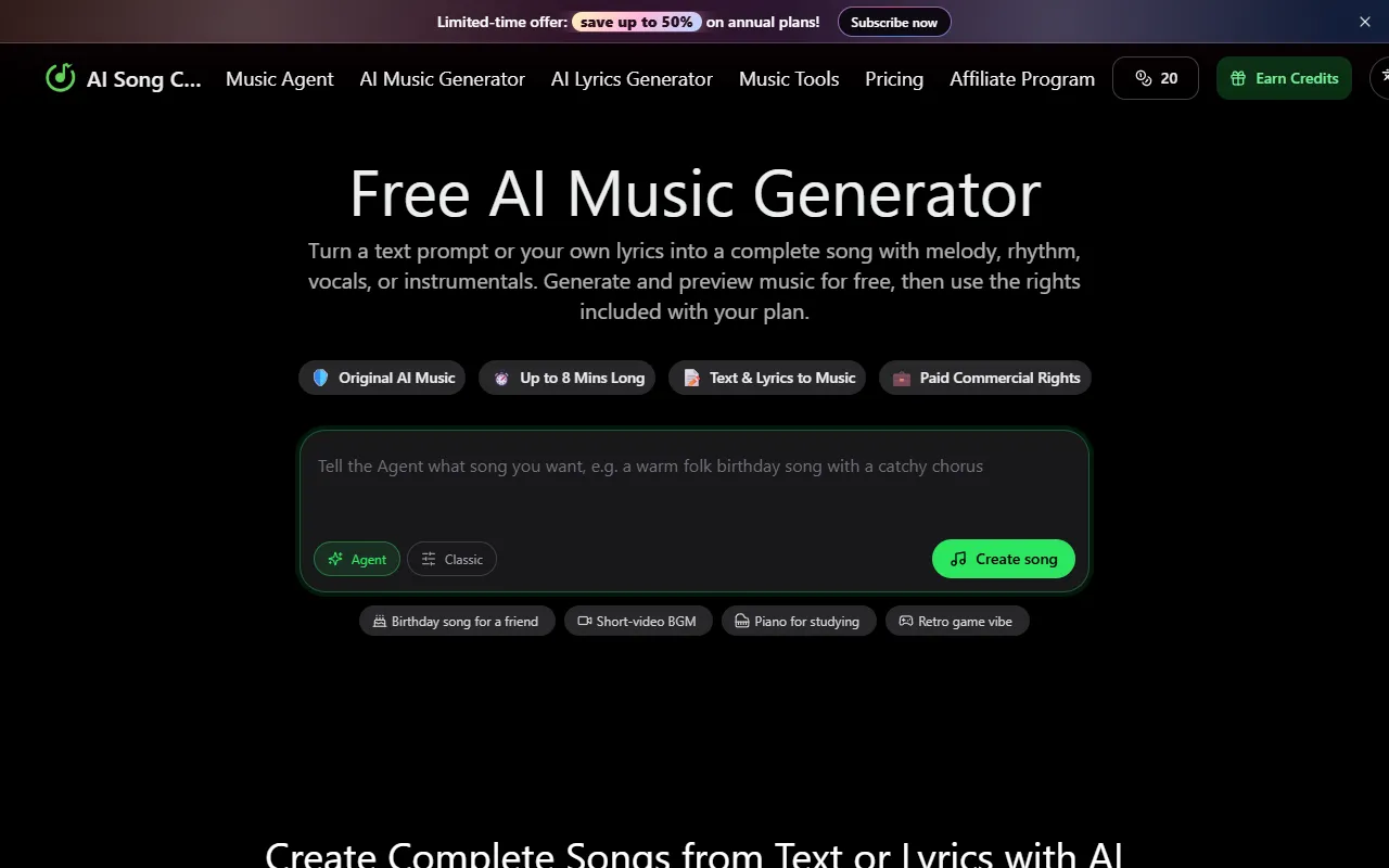 AI Song Creator website screenshot