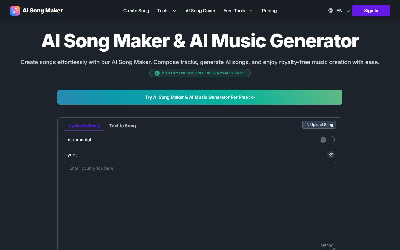 AI Song Maker website screenshot
