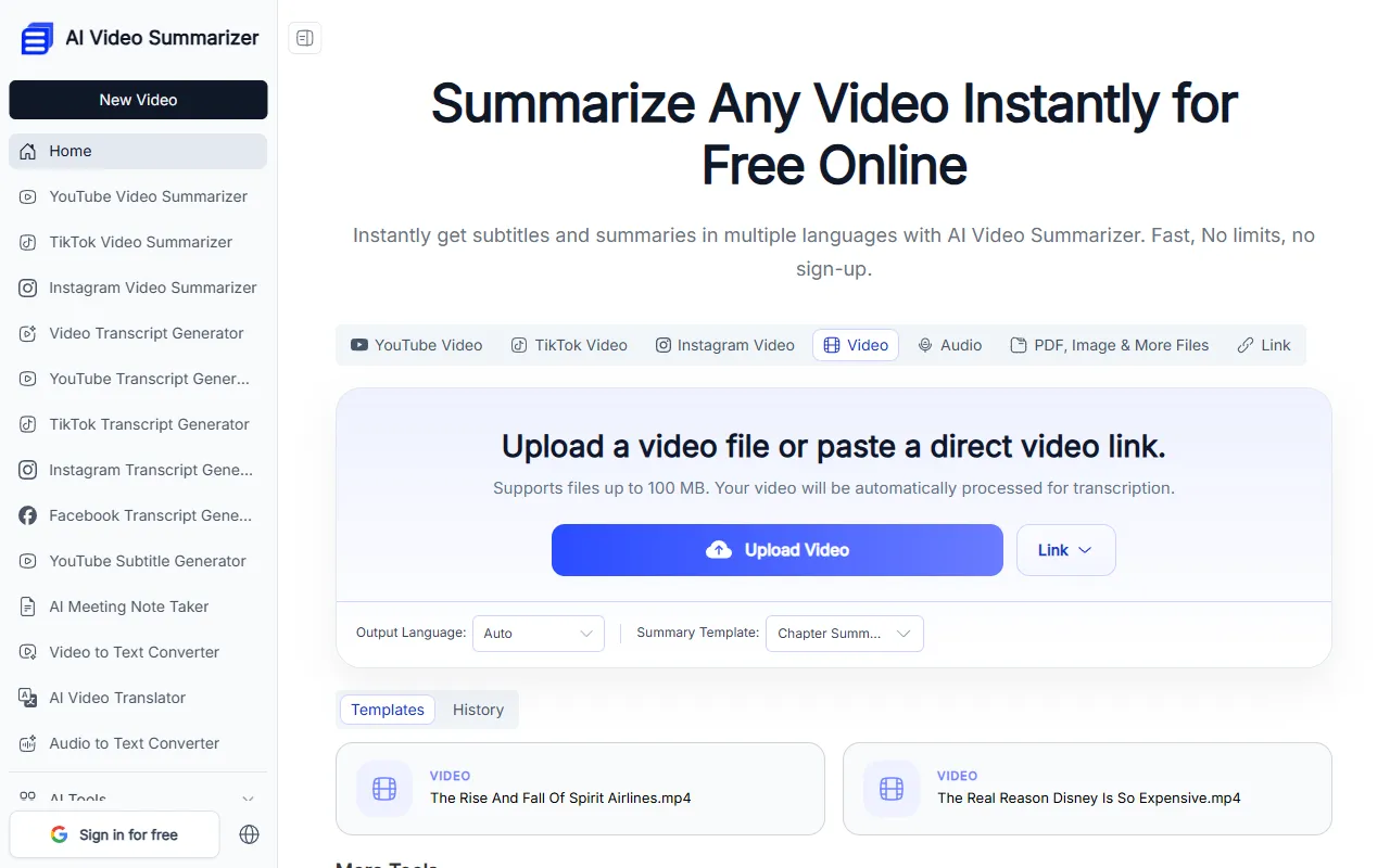 AI Video Summarizer website screenshot