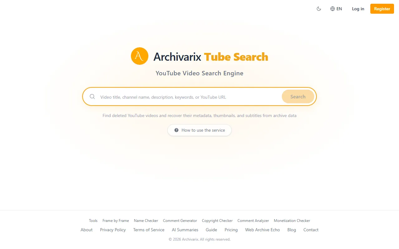Archivarix Tube Search website screenshot