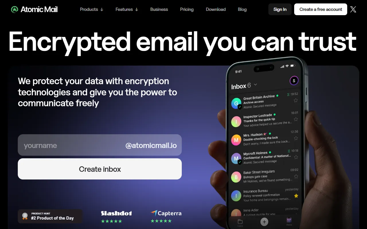 Atomic Mail website screenshot