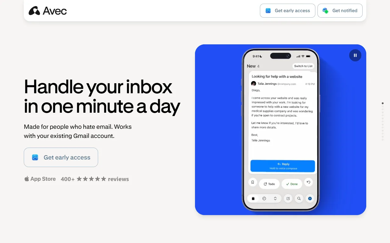 Avec website screenshot