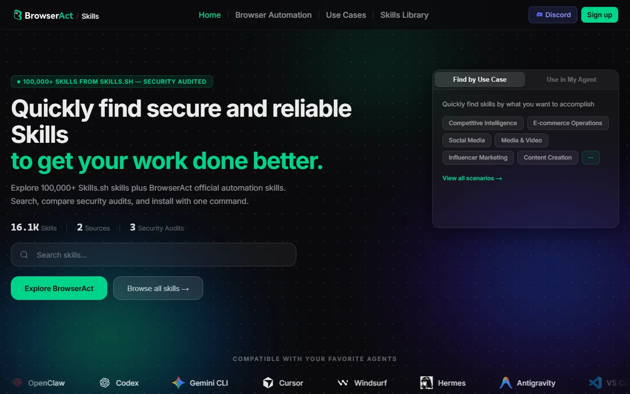 BrowserAct Skills website screenshot