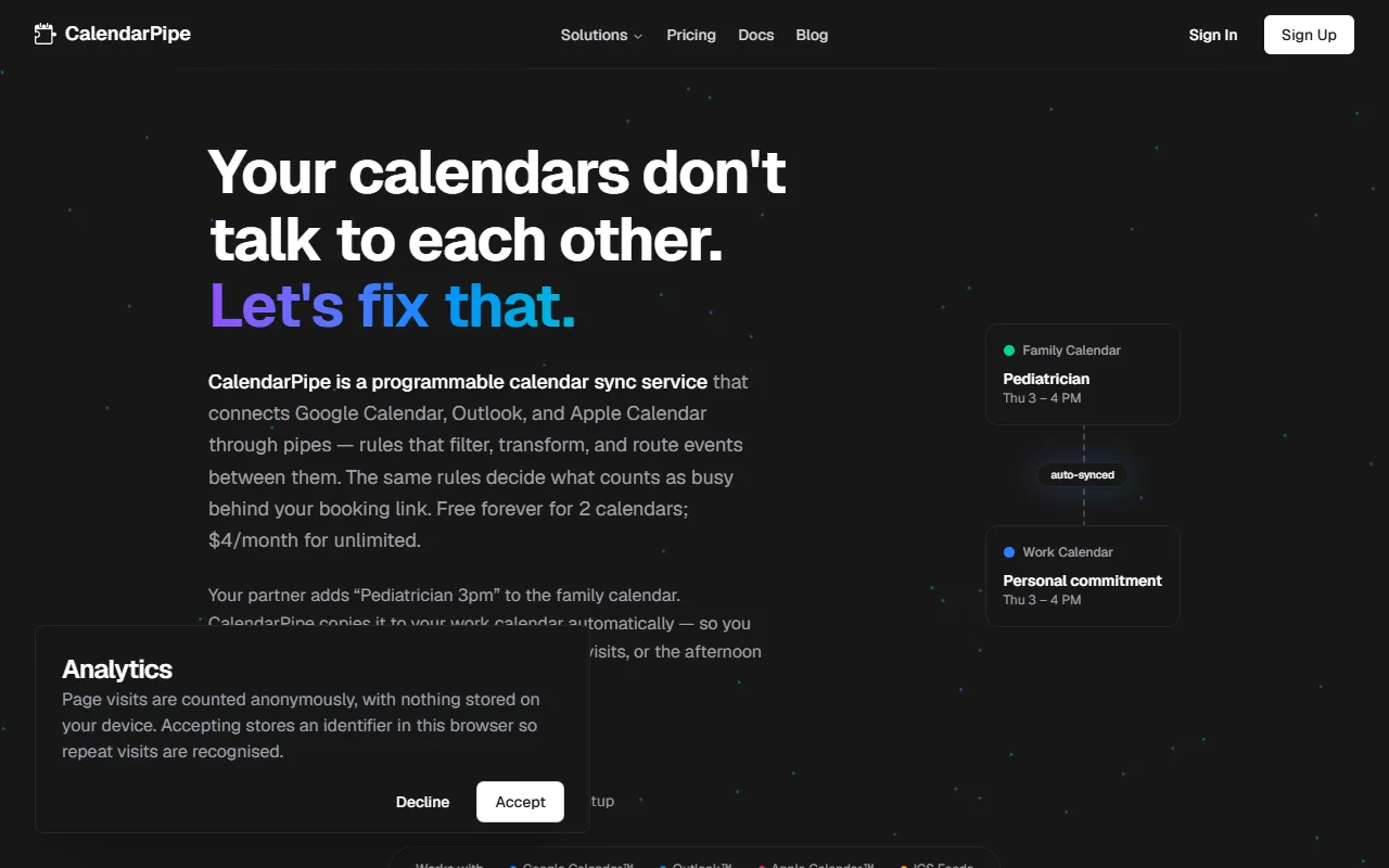 CalendarPipe website screenshot
