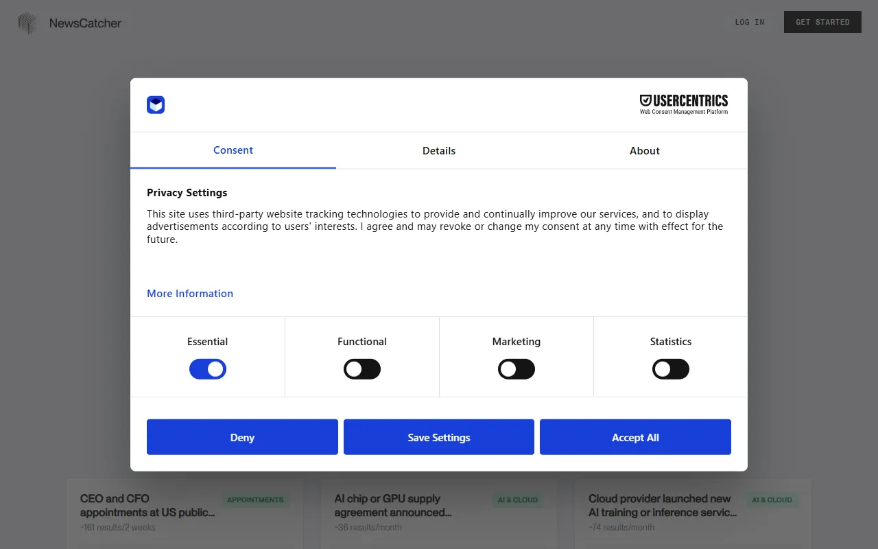 CatchAll by NewsCatcher website screenshot