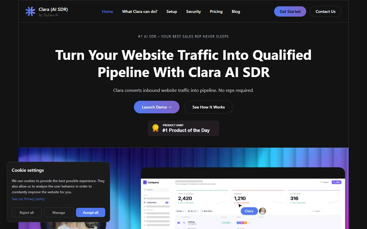 Clara AI SDR website screenshot