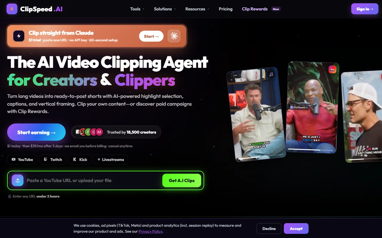 ClipSpeedAI website screenshot