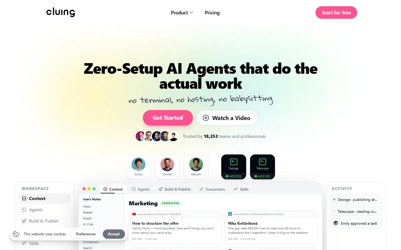 Cluing website screenshot