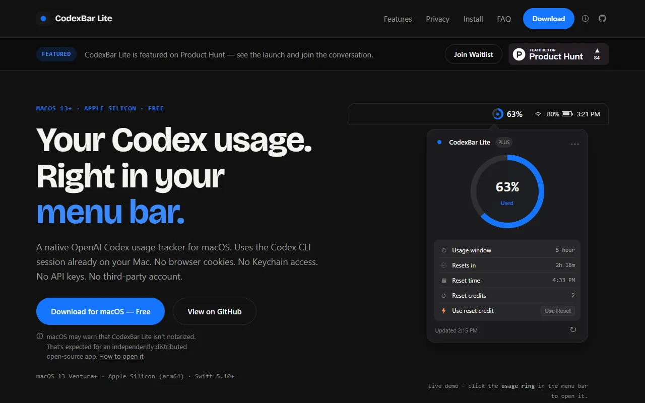 CodexBar Lite website screenshot