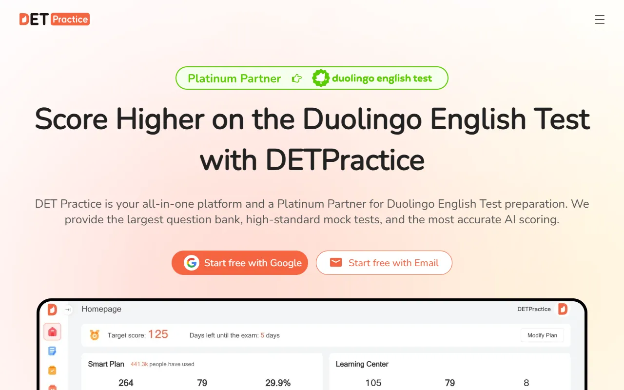 DET Practice website screenshot