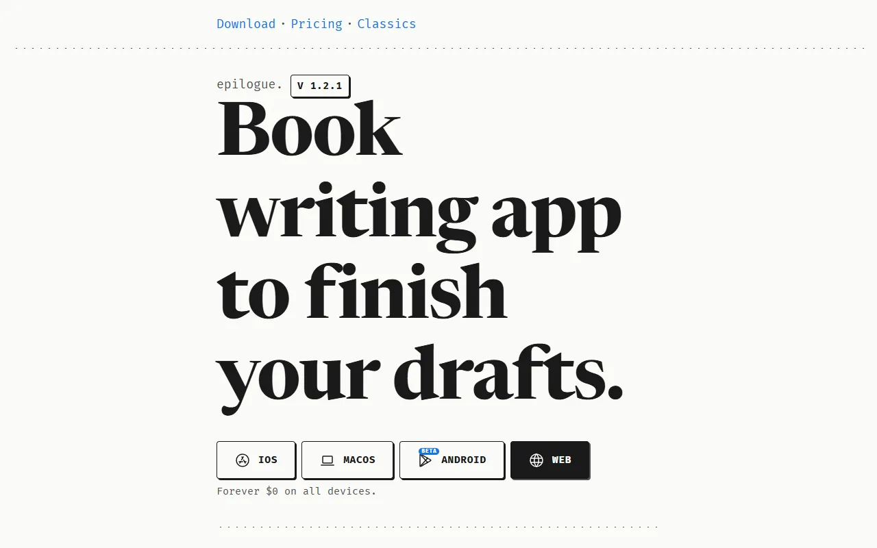Epilogue. Write novels, scripts & poetry website screenshot