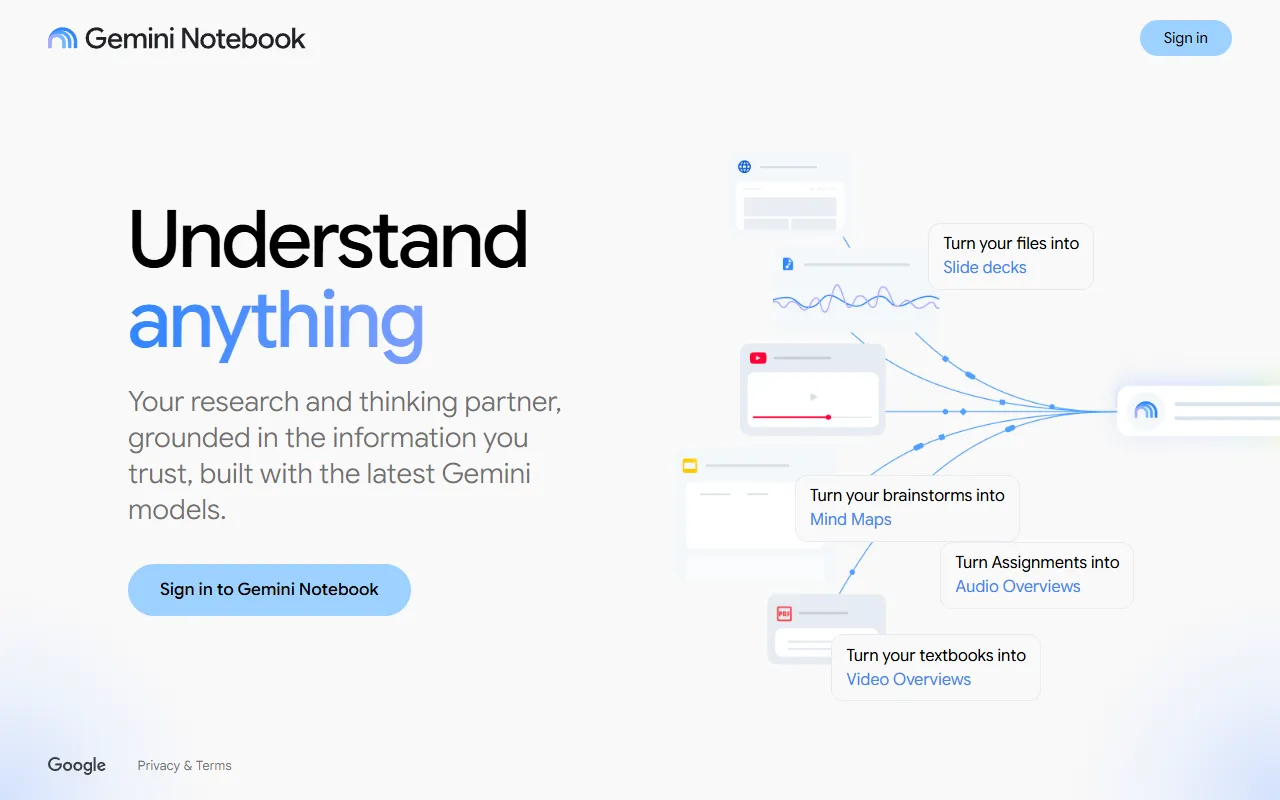 Gemini Notebook (formerly NotebookLM) website screenshot