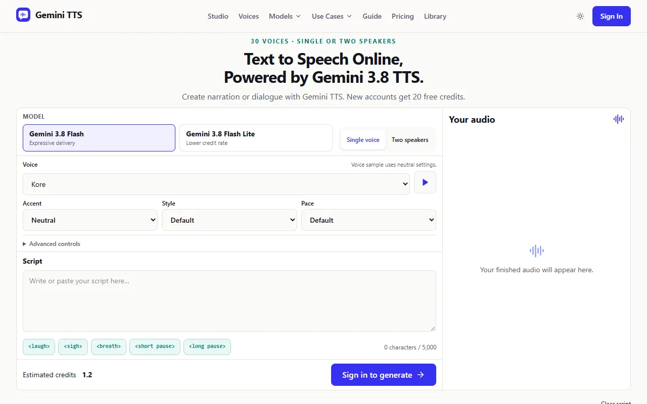 GeminiTTS website screenshot