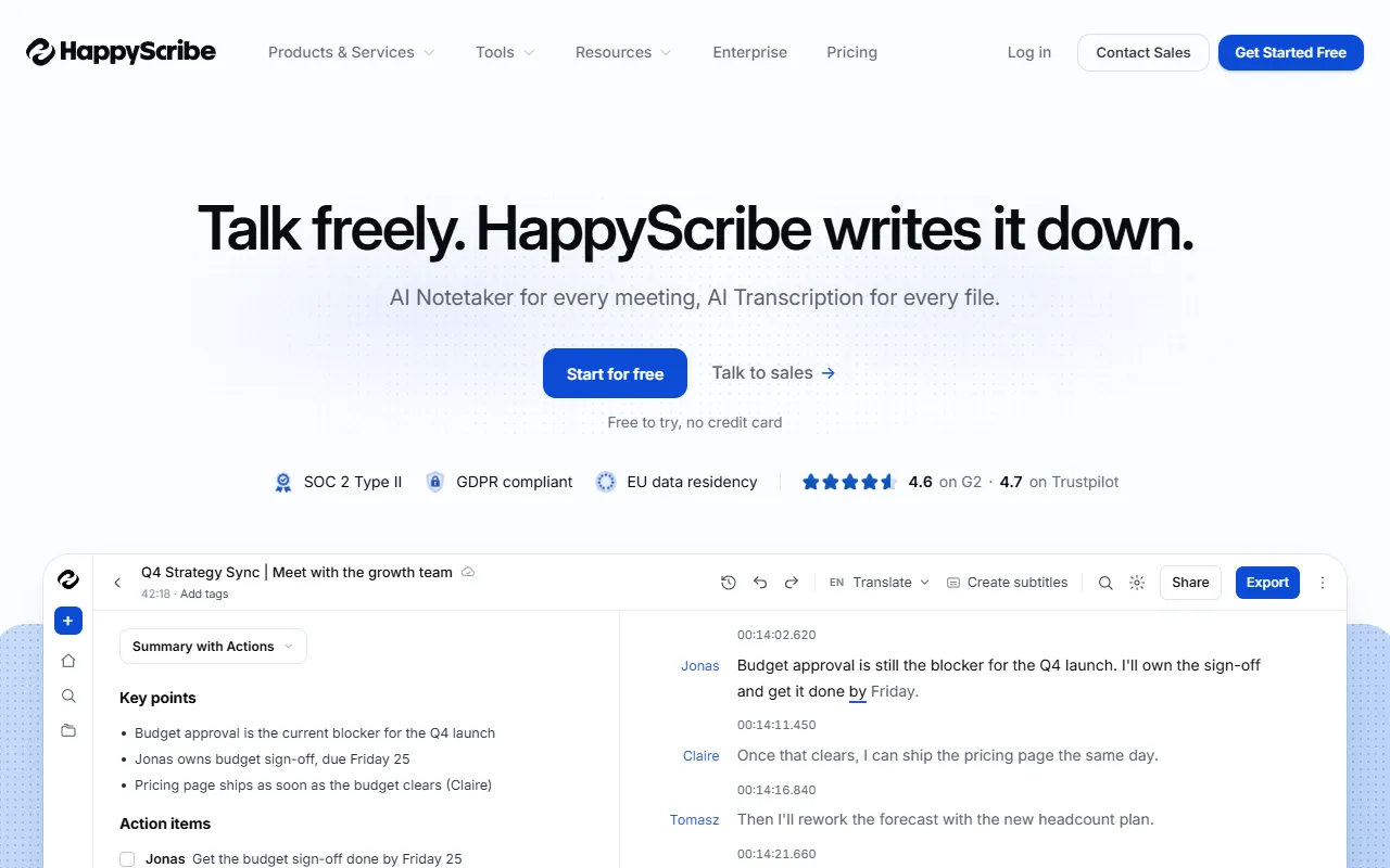 HappyScribe website screenshot