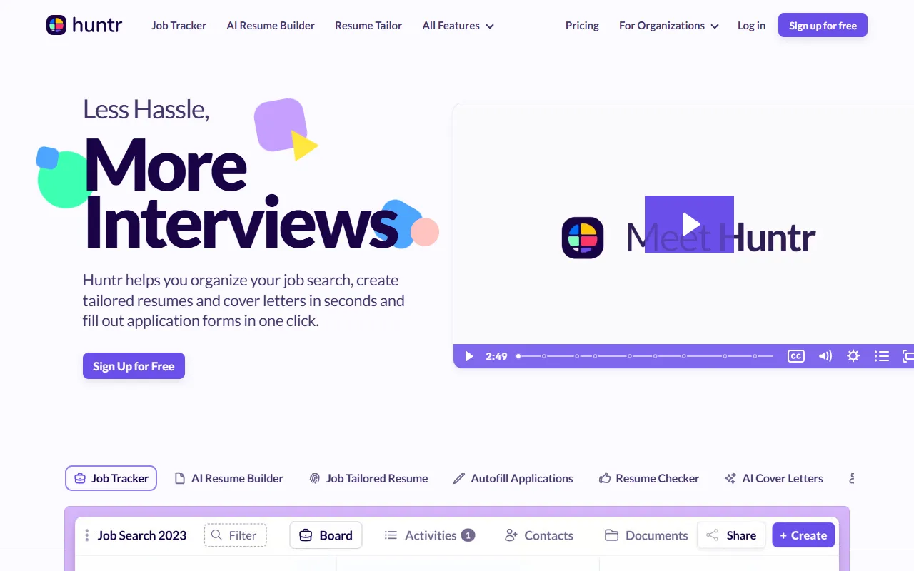 Huntr AI Resume Builder website screenshot