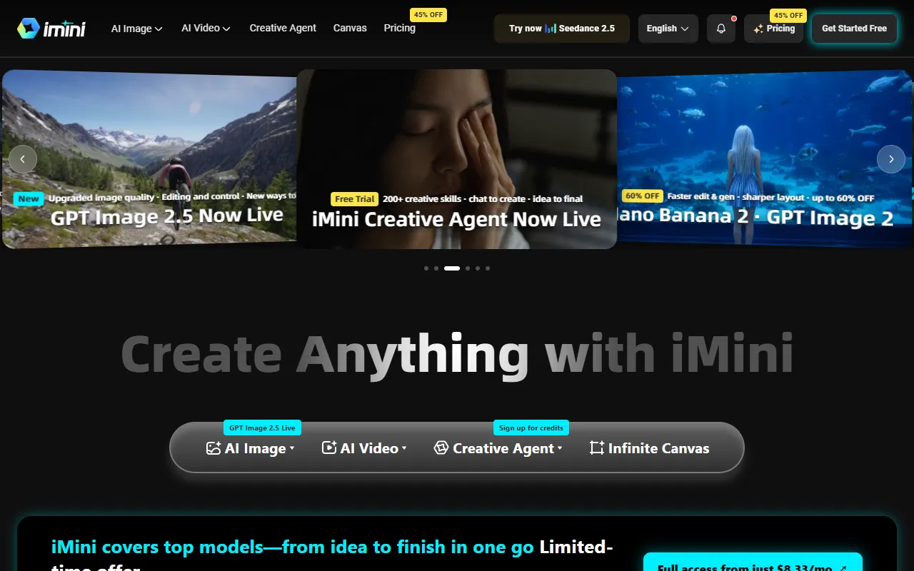 imini AI website screenshot