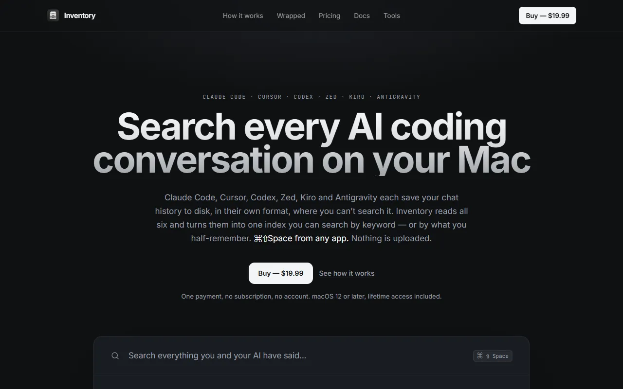 Inventory website screenshot