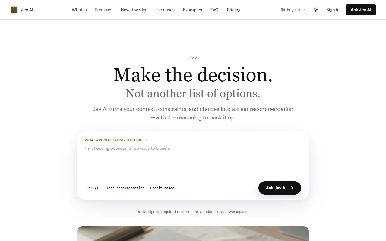 Jev AI — AI for clearer decisions website screenshot