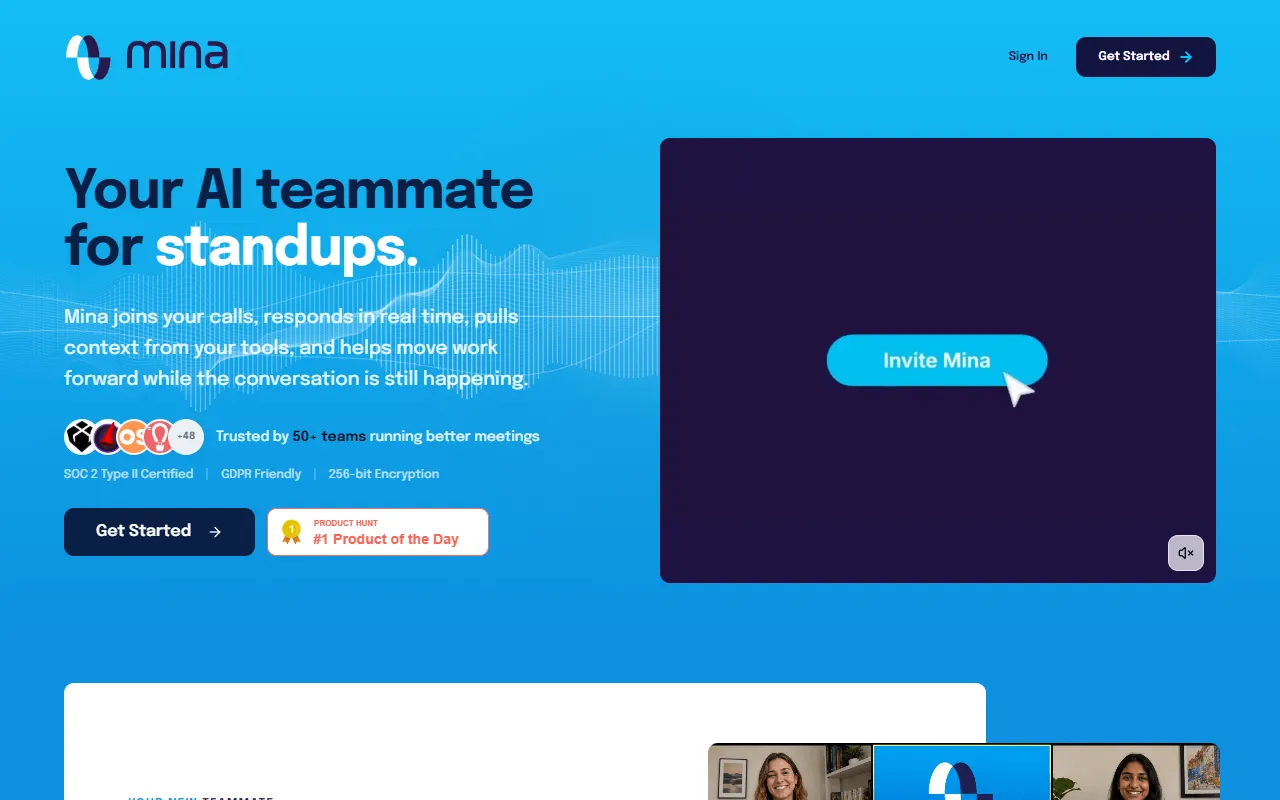 Mina Meeting Assistant website screenshot