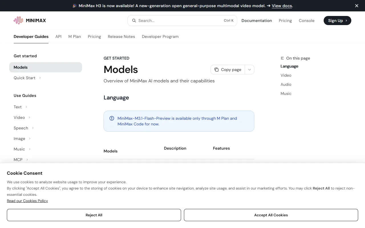 MiniMax API Platform website screenshot