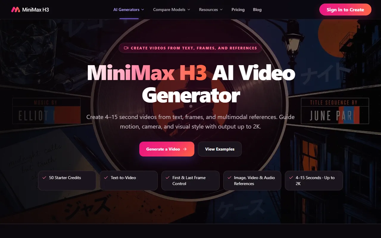 MiniMax H3 - Create 2K AI Videos from Te website screenshot