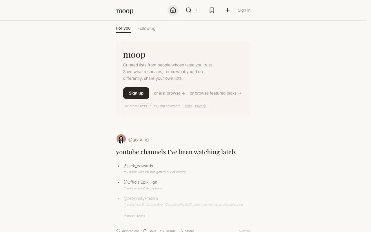 moop website screenshot