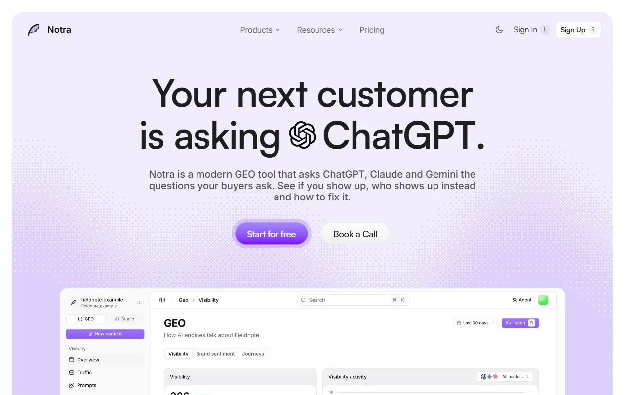 Notra website screenshot