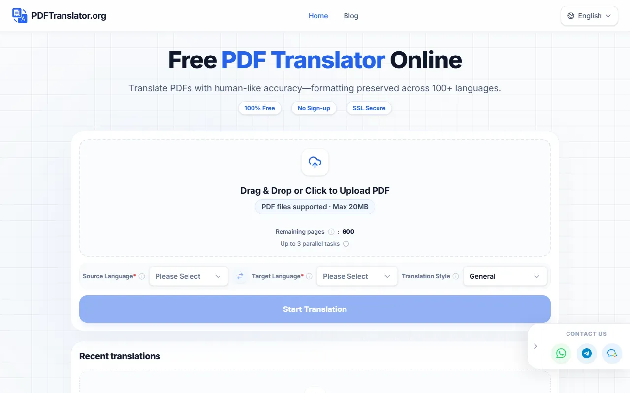 PDF Translator website screenshot