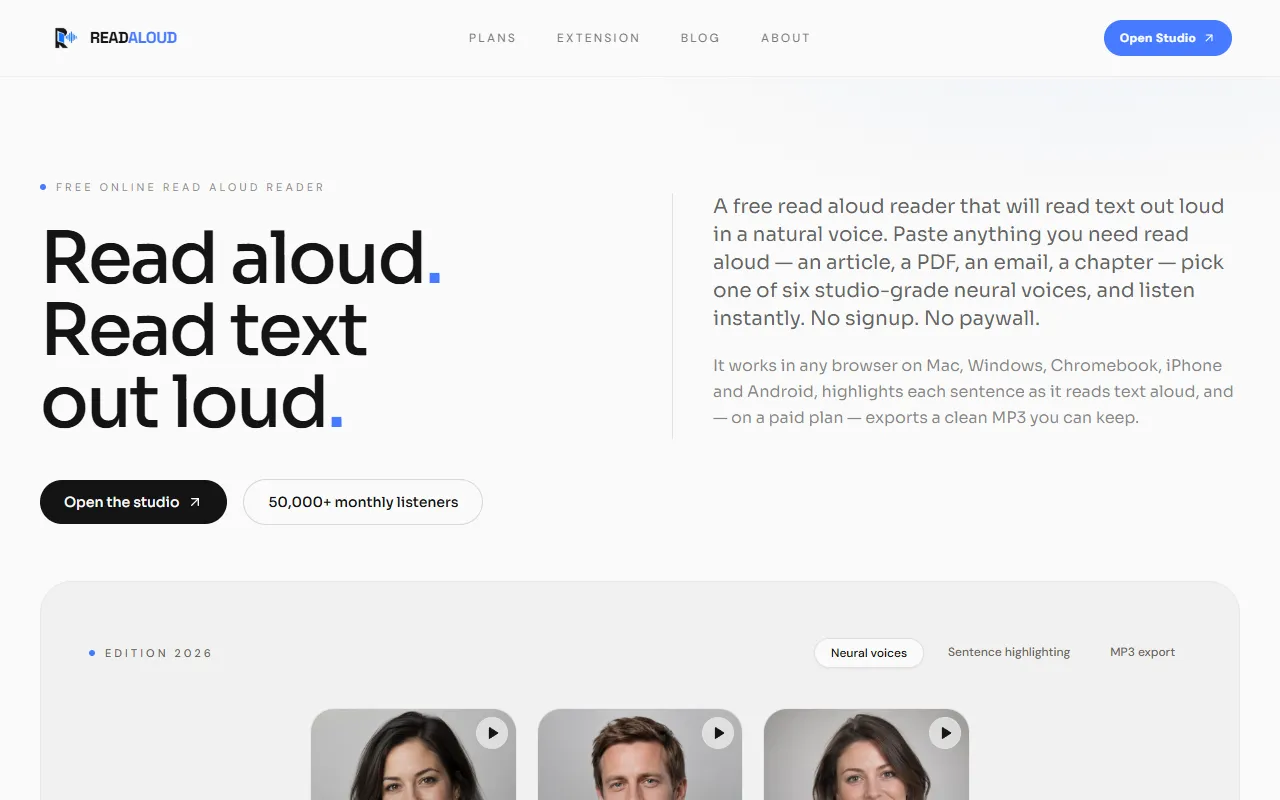 Read Aloud Reader website screenshot