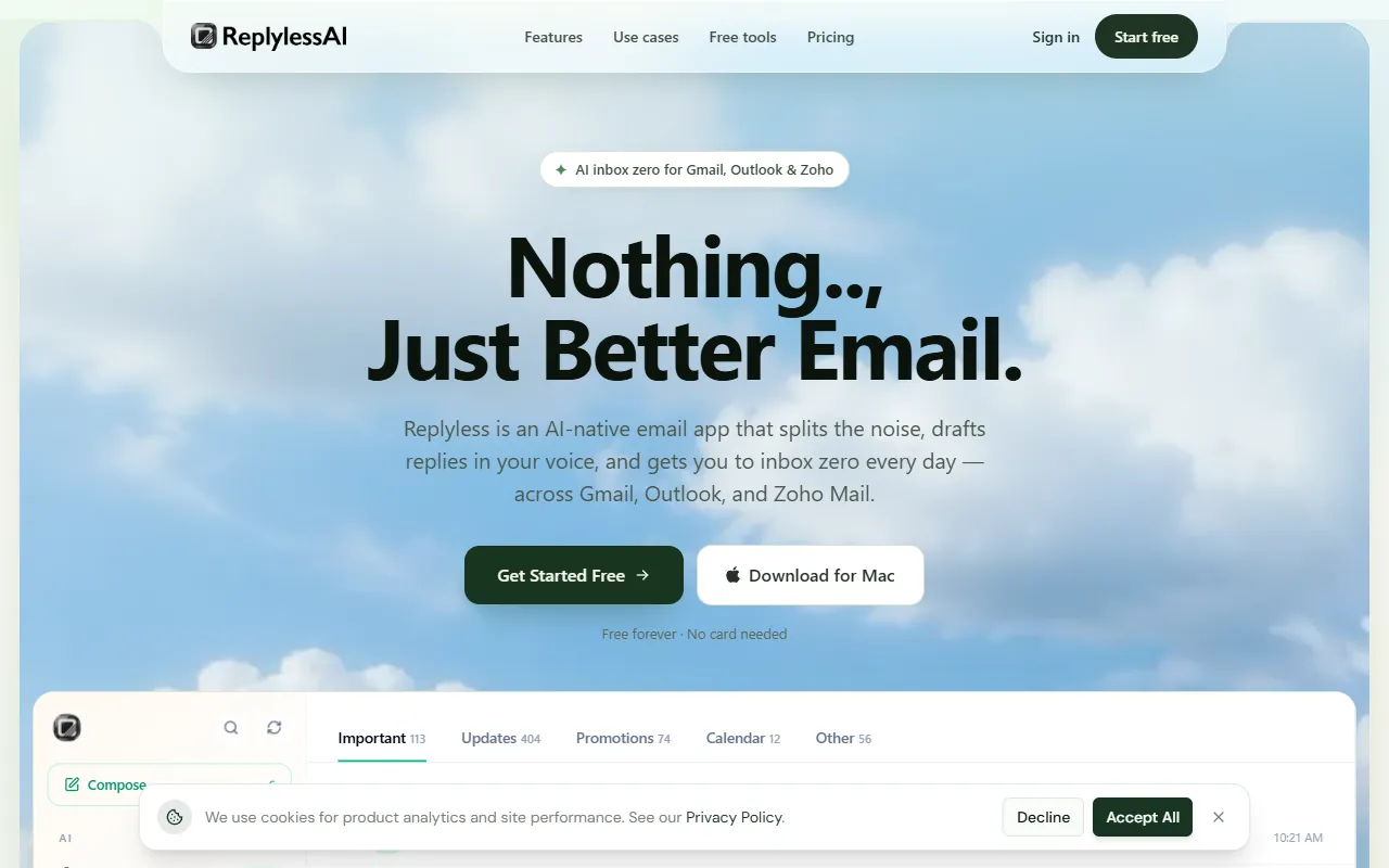 ReplylessAI website screenshot