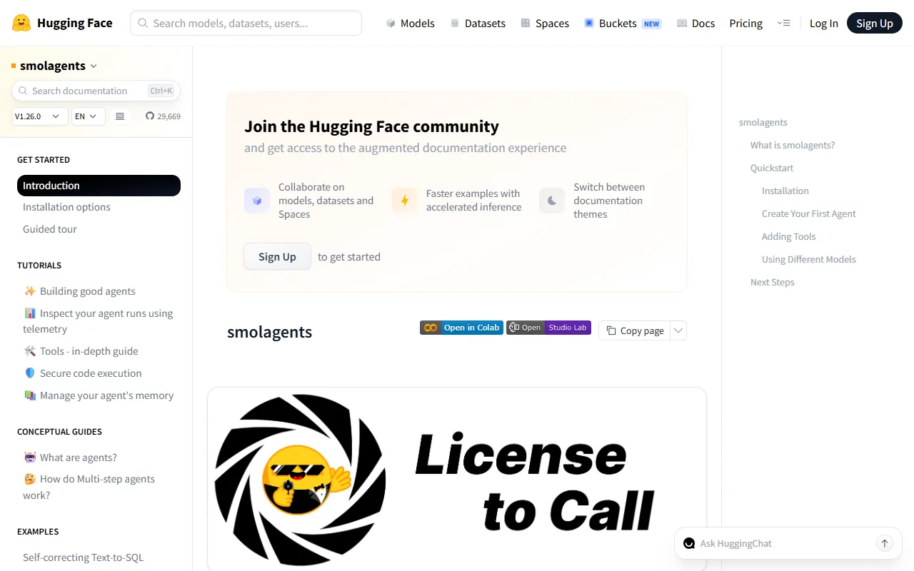 smolagents website screenshot