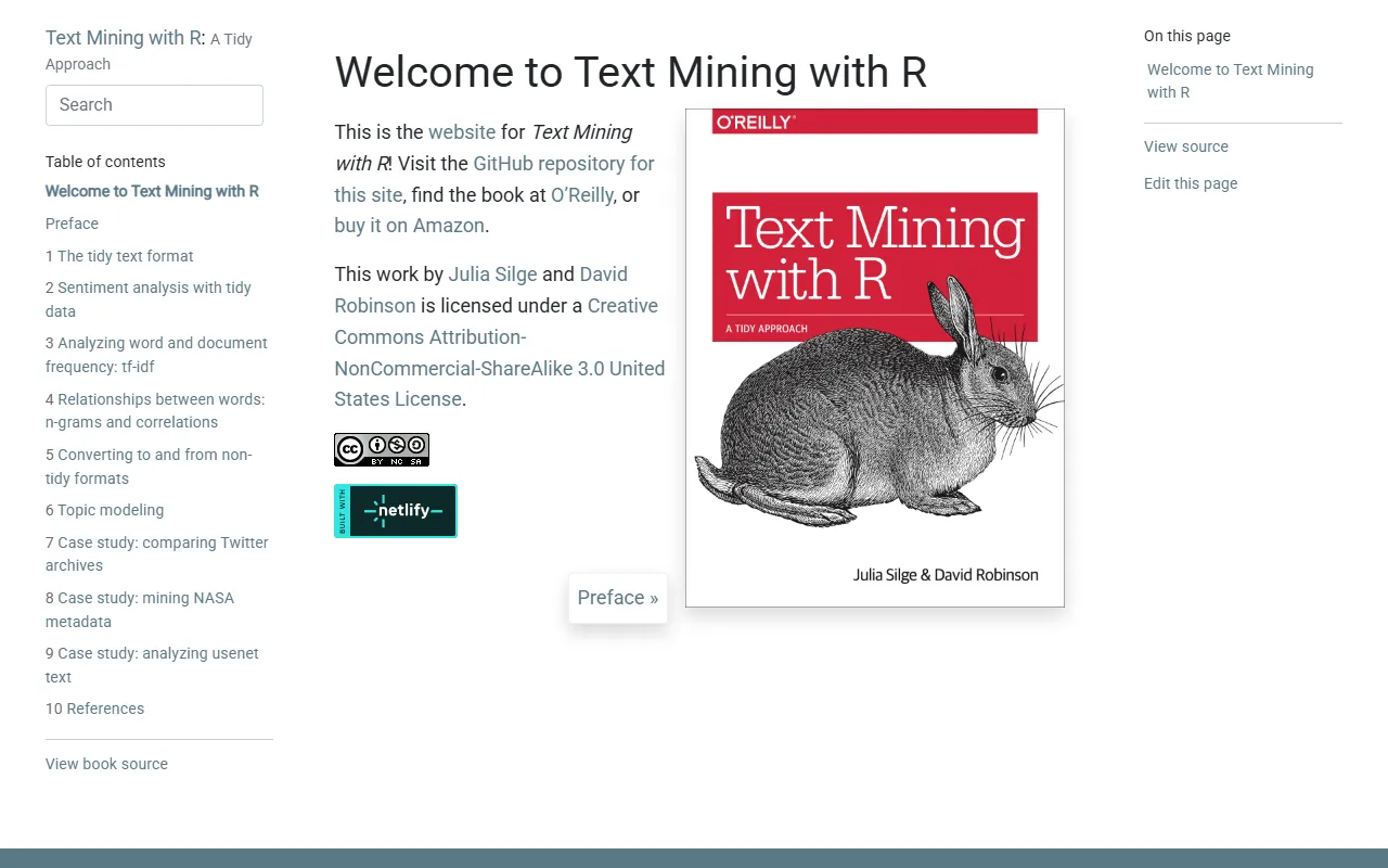 Text Mining with R by Julia Silge and David Robinson website screenshot