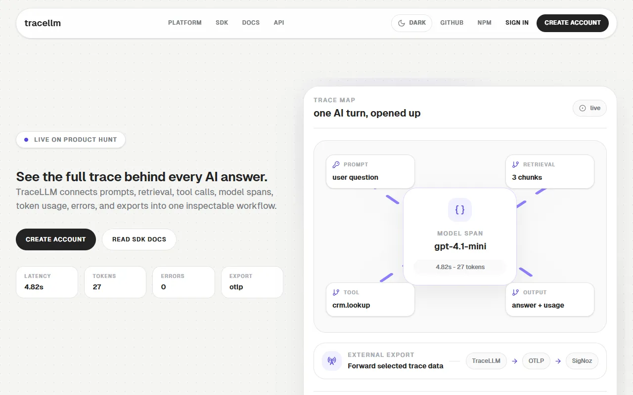 TraceLLM website screenshot