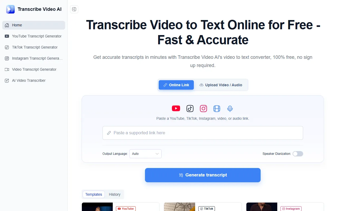 Transcribe Video AI website screenshot