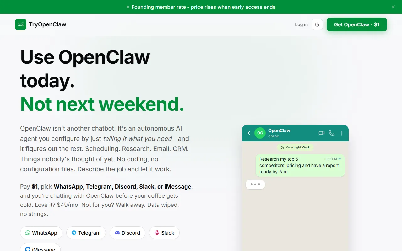 TryOpenClaw website screenshot