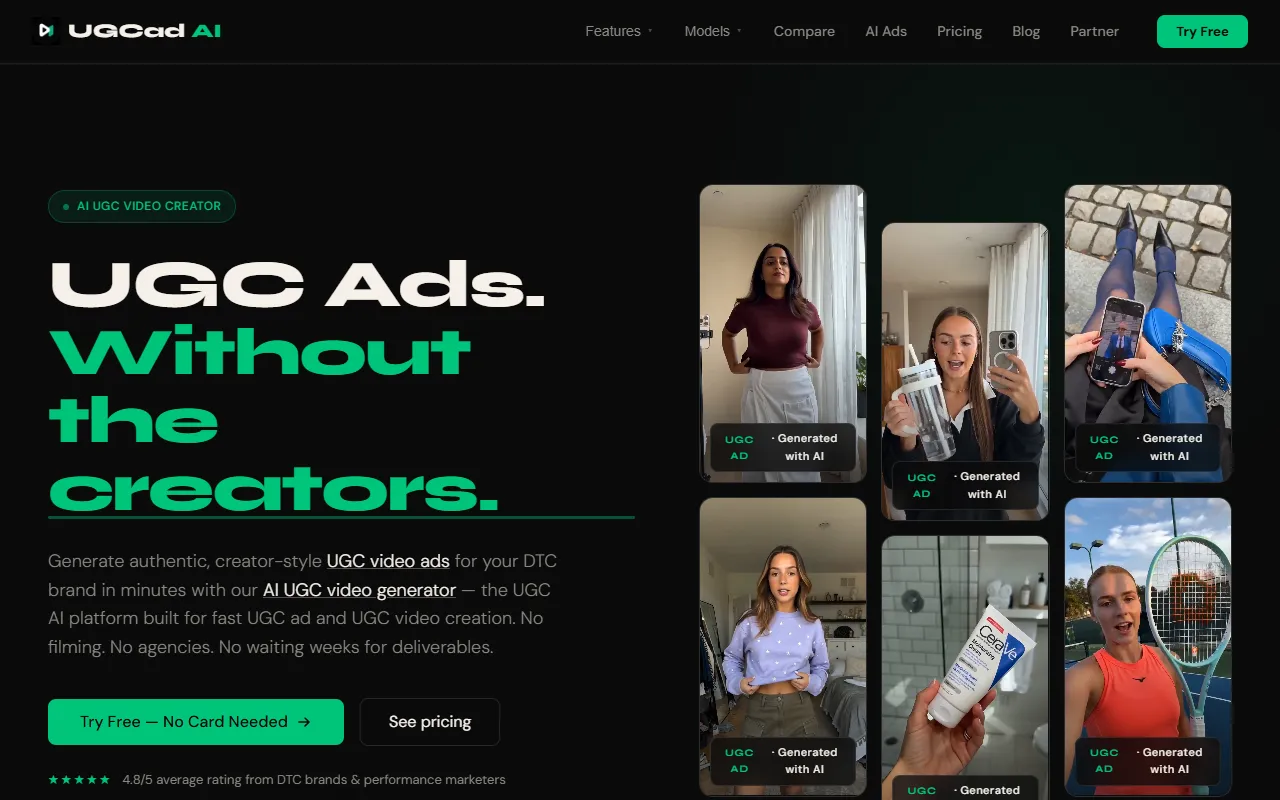 UGCad AI - #1 AI UGC Video Ad Generator website screenshot